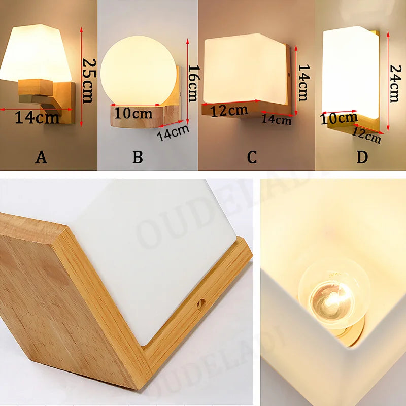 Axya Nordic Wood LED Wall Sconce Glass Lamp for Modern Loft Bedroom Decor