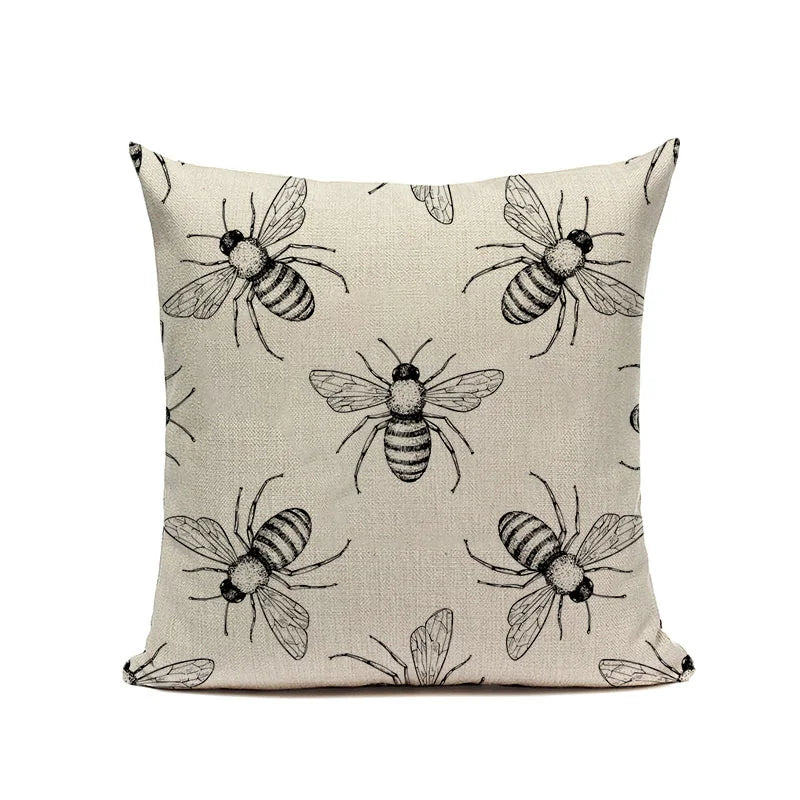 Axyaa Bee Pattern Linen Cushion Cover - Nordic Decorative Throw Pillow Case