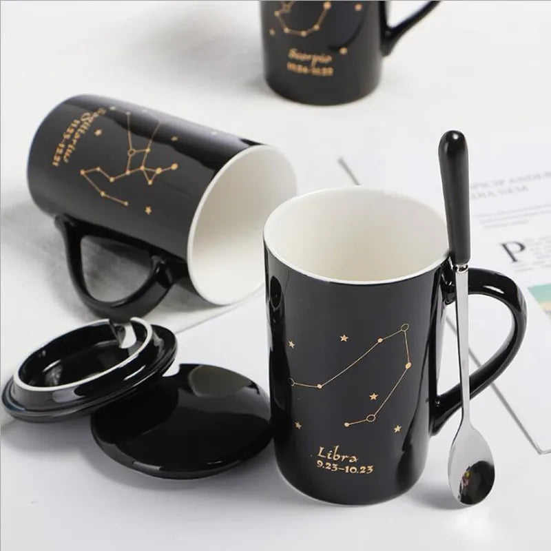 Axya 12 Constellations Ceramic Mug Spoon Lid Black Gold Porcelain Zodiac Coffee Cup