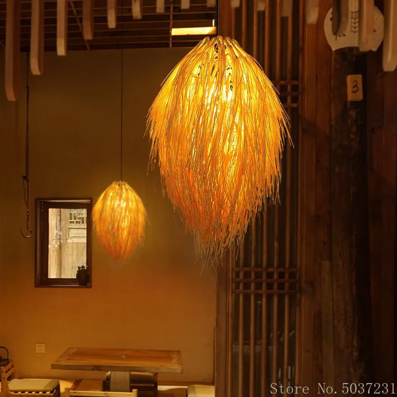 Axyaa Bamboo Weave Pendant Lamp: Creative Rattan Hanging Light for Bedroom and Teahouse