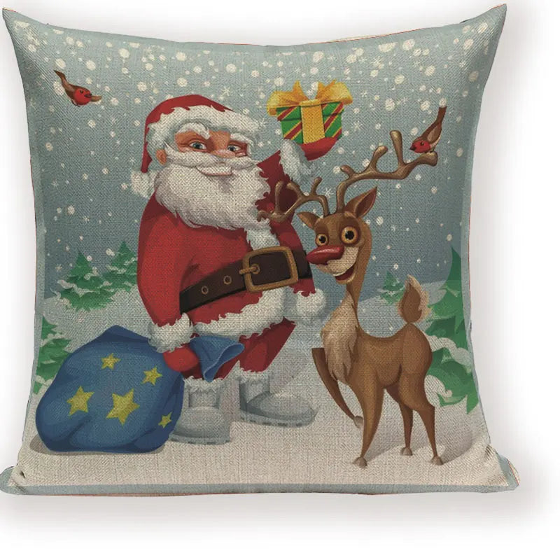 Axyaa Festive Santa Claus Christmas Tree Linen Throw Pillow Case