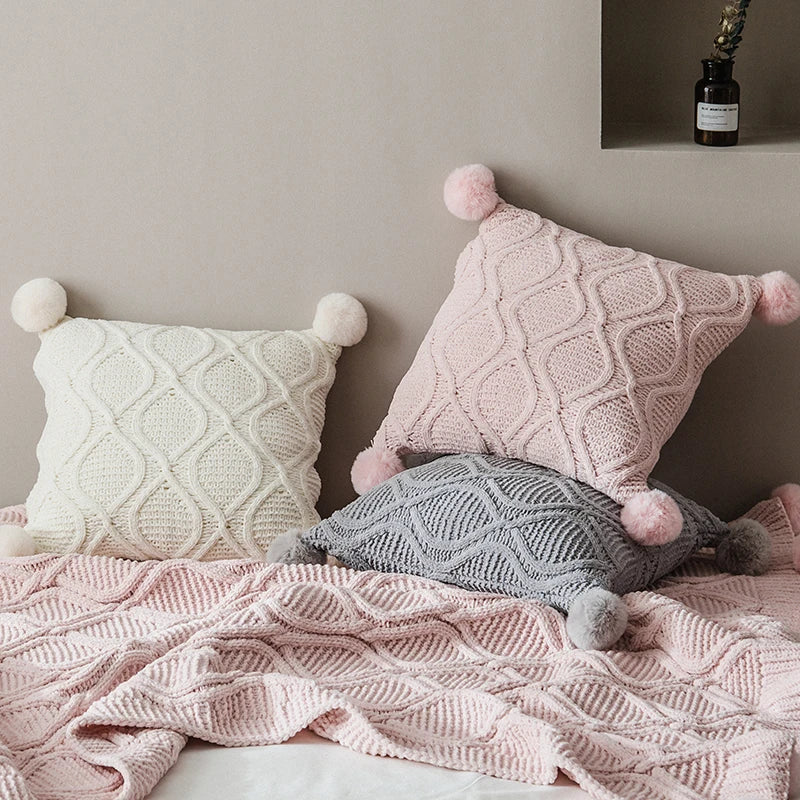 Axyaa Chenille Knit Cushion Cover 45x45cm With PomPom Ball - Pink/Grey/Cream - Home Decor Pillow Case