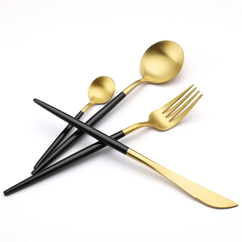 Axya Black Porcelain Dinner Plates Set with Cutlery for Food Dishes