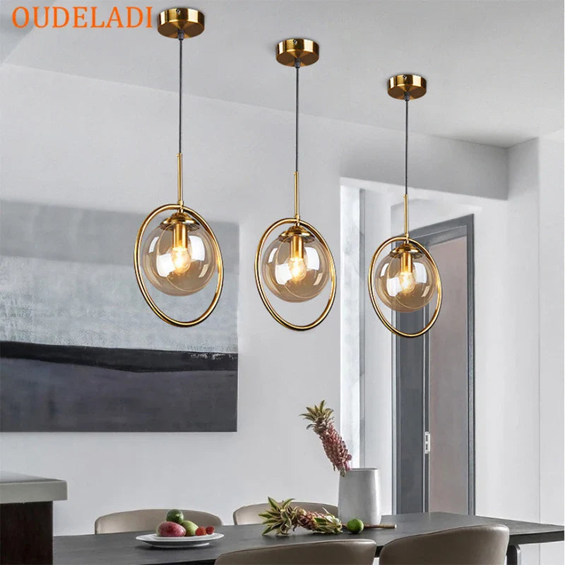 Axya Nordic Metal Ring Pendant Light with Glass Ball for Modern Living Room