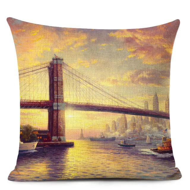 Axyaa City Landscape Oil Painting Cushion Cover | Autumn Winter Art Decor Pillow Case