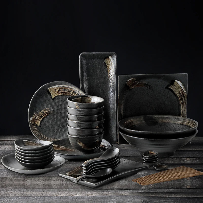 Axya Ceramic Sushi Plate and Rice Bowl Set, Black Matte Design