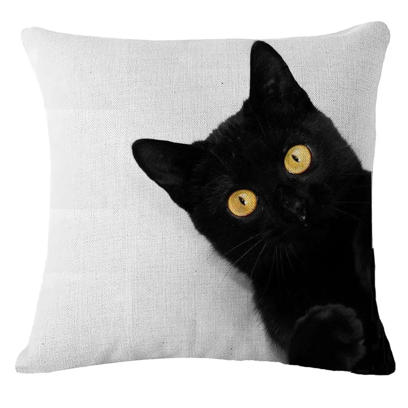 Axyaa Black Cat Cotton Linen Pillow Case for Home Decor - 45X45CM