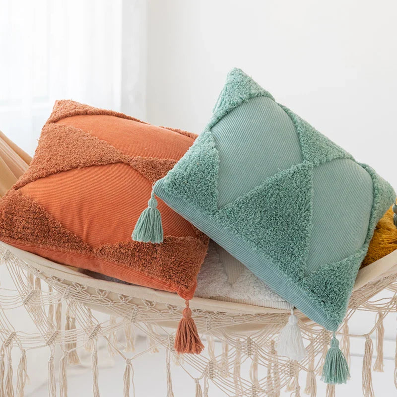 Axyaa Tufted Diamond Tassel Cushion Cover 45x45cm White Yellow Green Ambor