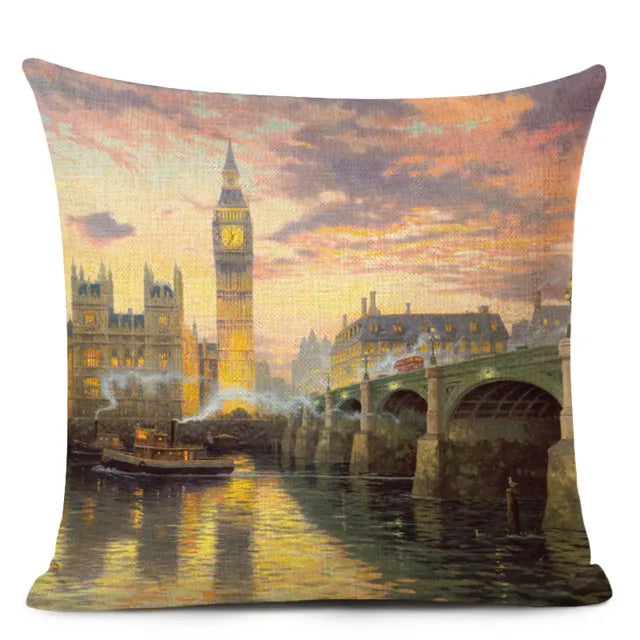 Axyaa City Landscape Oil Painting Cushion Cover | Autumn Winter Art Decor Pillow Case