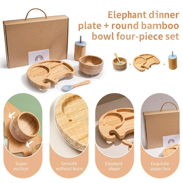 Axya Elephant Wooden Dinner Plate Set with Silicone Suction Cup
