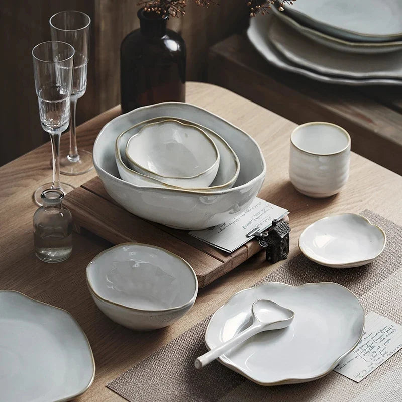 Axya™ Ceramic Irregular Flat Dinner Plates Set - Wholesale Restaurant Dinnerware