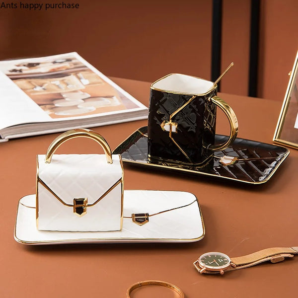 Axya Home Ceramic Coffee Cup Saucer Set - Bag Shape Mug, Breakfast Dessert Plate