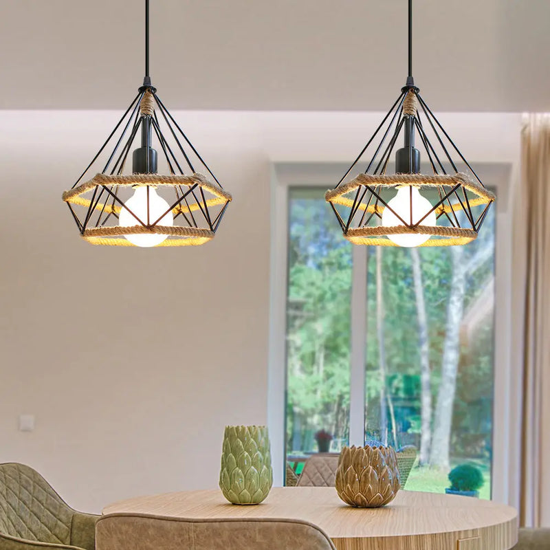 Axyaa Black Iron Industrial Pendant Light, Diamond Shape Cage Design