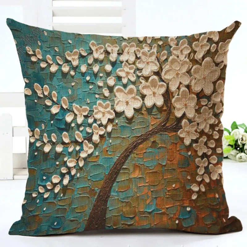 Axyaa Painting Tree Pillow Cover - Digital Printed Linen Pillowcase