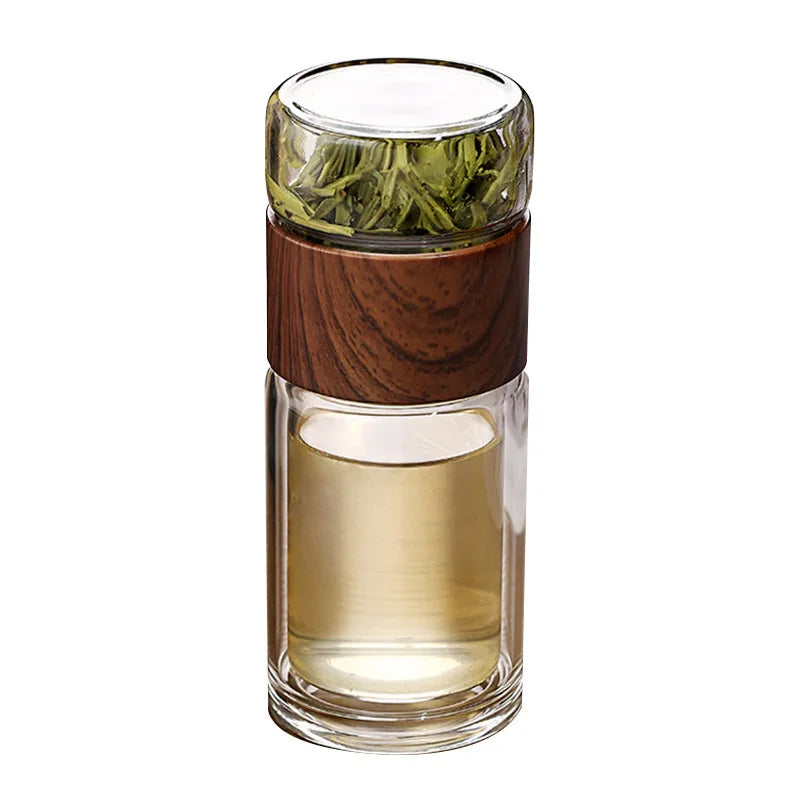 Axya Double Glass Cup Filter Tumbler Tea Drinkware Transparent Wood Grain Bottle