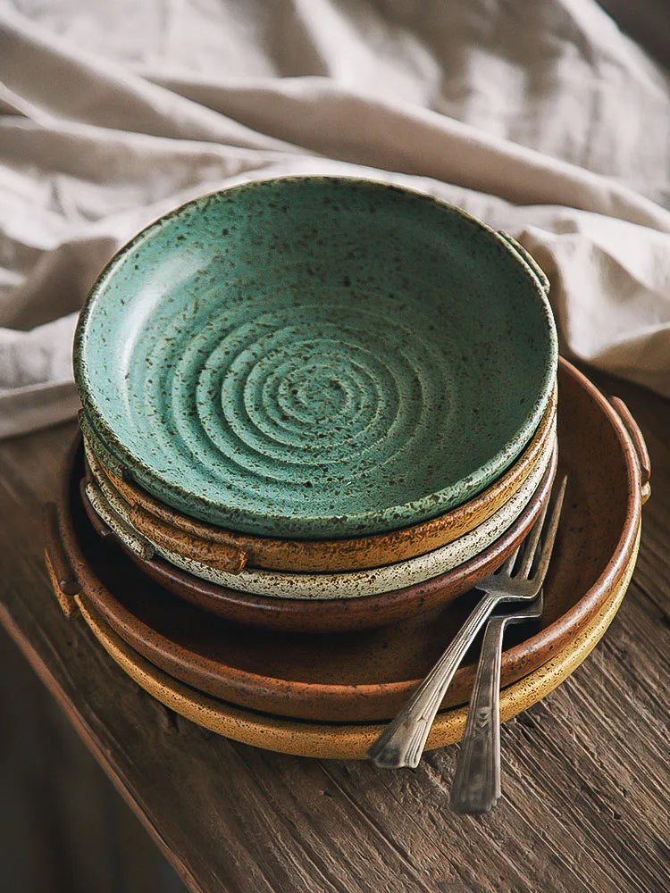 Axya Japanese Retro Plate with Handle - Round Platter for Elegant Dining