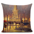 Axyaa City Landscape Oil Painting Cushion Cover | Autumn Winter Art Decor Pillow Case