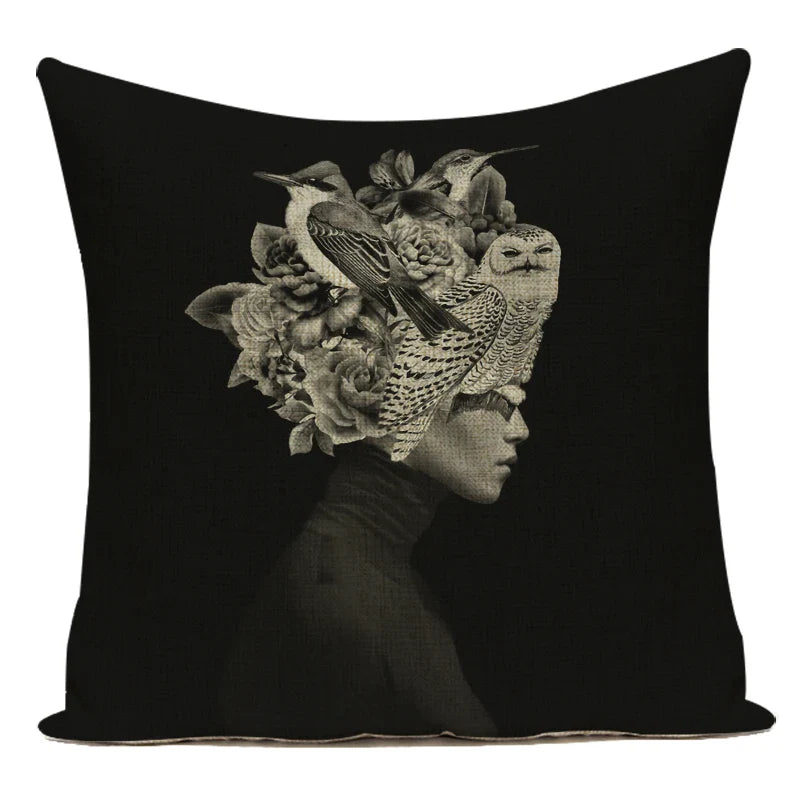 Axyaa Retro Art Woman Abstract Linen Cushion Cover Decorative Throw Pillow