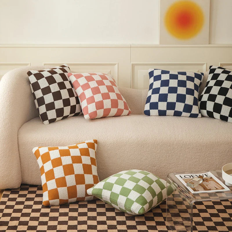 Axyaa Checkered Flocking Cushion Cover for Home Decoration