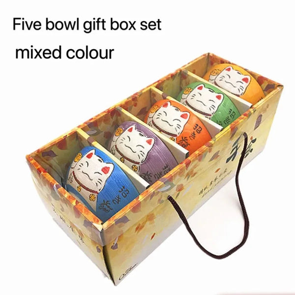 Axya Japanese Lucky Cat Ceramic Bowls Set of 5 - Colorful Cartoon Design