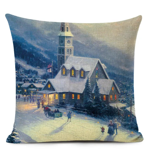 Axyaa City Landscape Oil Painting Cushion Cover | Autumn Winter Art Decor Pillow Case
