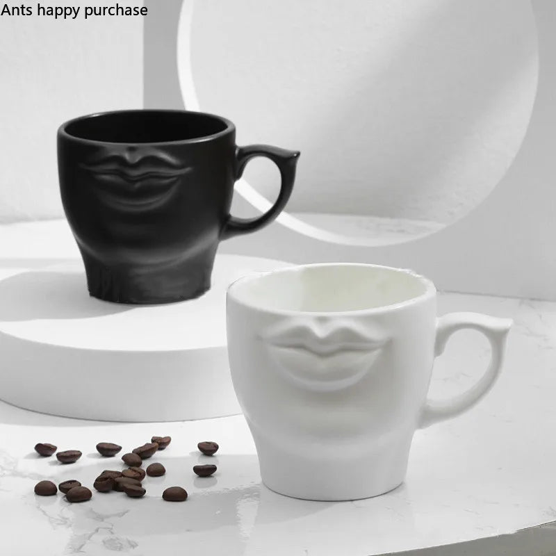 Axya 3D Lip Ceramic Coffee Cup with Handle - Set of 2