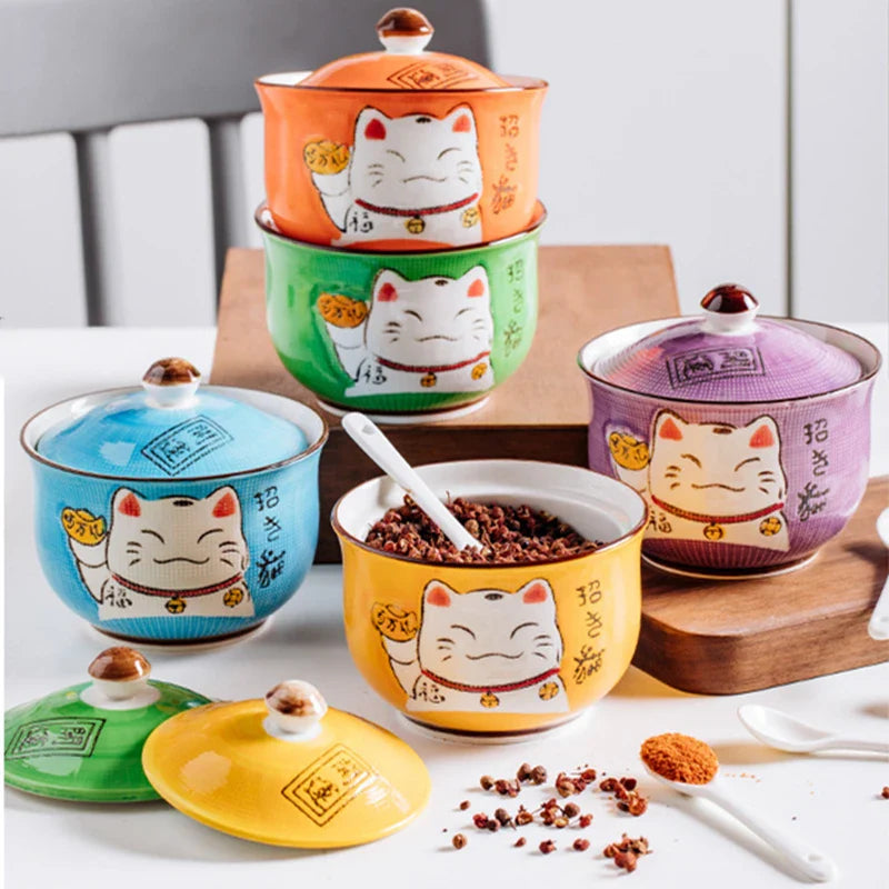 Axya Blue Lucky Cat Condiment Bottles Set with Spoon, Japanese Style Spice Jar
