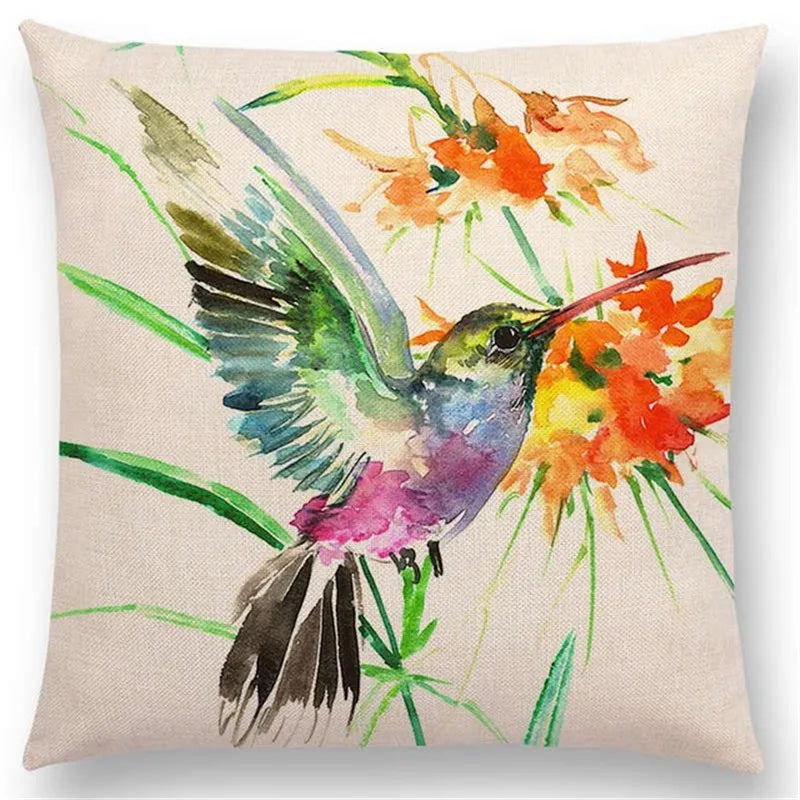 Axyaa Bird Watercolor Cotton Linen Cushion Cover- Hummingbird Goldfinch Chickadee Cardinal Kingfisher