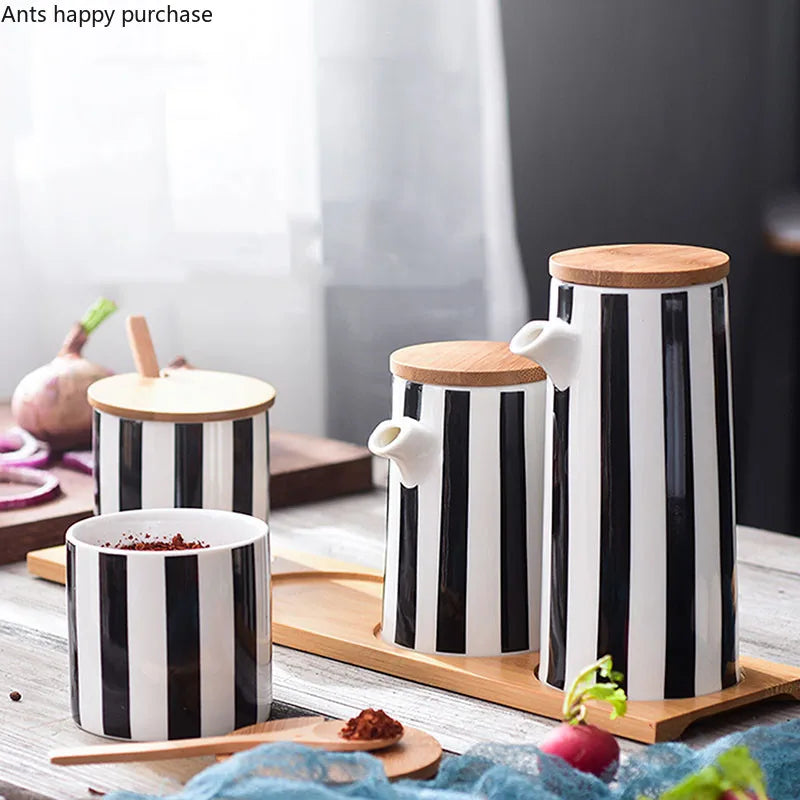 Axya Nordic Stripe Ceramic Spice Jar Set for Kitchen Supplies