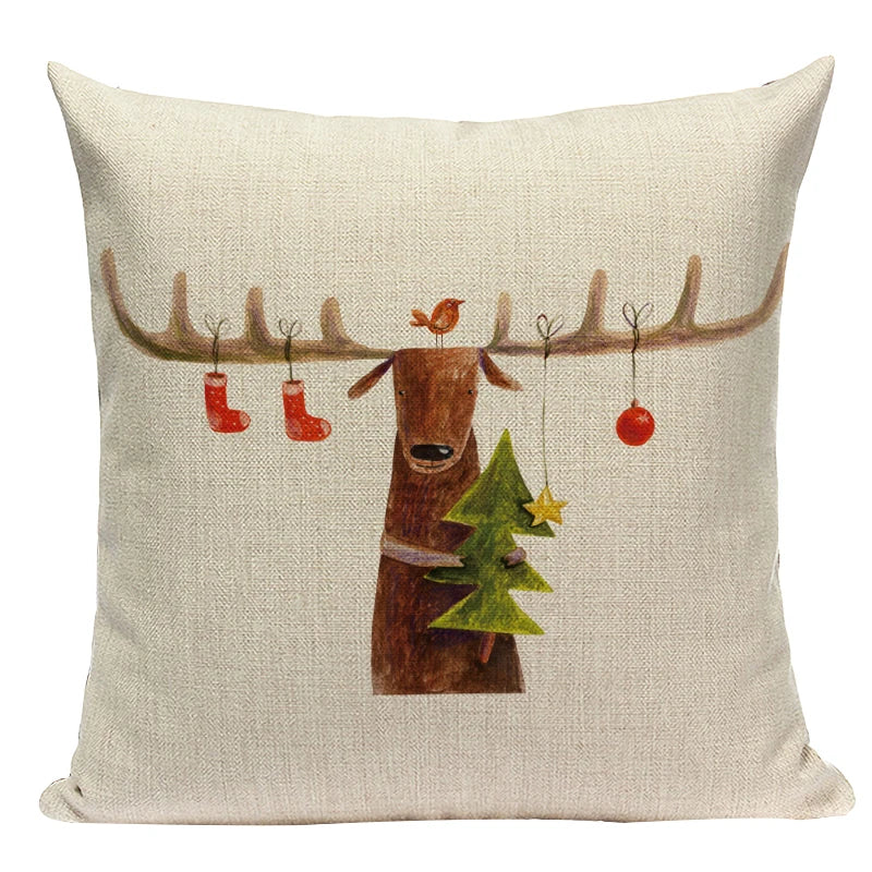 Axyaa Christmas Deer Snowman Cartoon Cushion Cover - Festive Decor Pillowcase