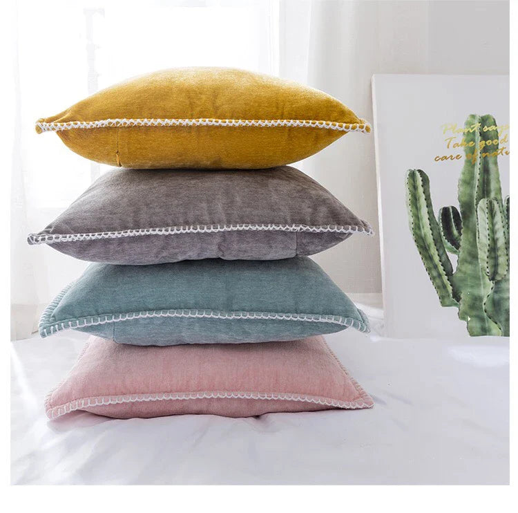 Chenille Cushion Cover with Fringe in Pink Grey Mustard Yellow for Home Sofa Bed Decor 45x45cm