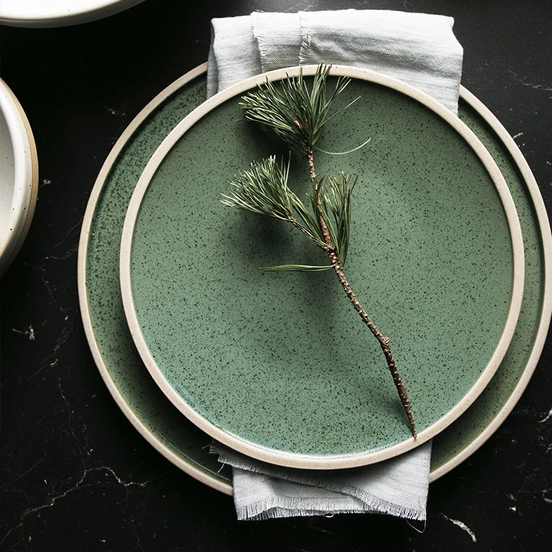 Axya Mint Ceramic Dinner Plate, Western Steak & Salad Bowl Set