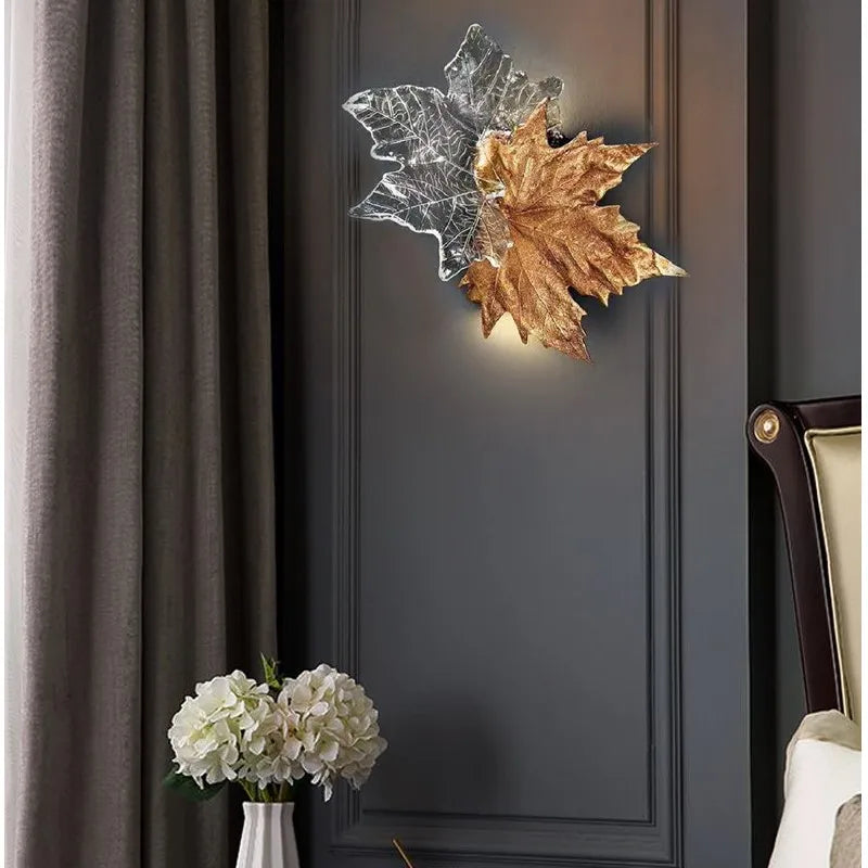 Axyaa Luxury Copper Maple Leaf Crystal Glass Wall Lamp for Home Deco