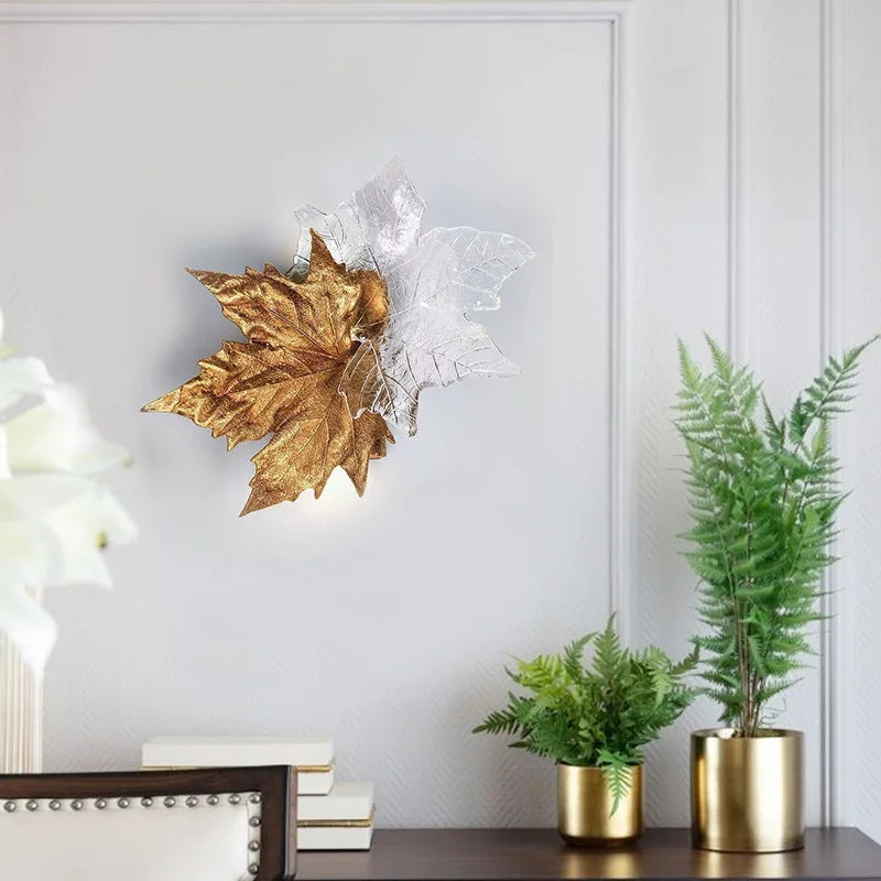 Axyaa Luxury Copper Maple Leaf Crystal Glass Wall Lamp for Home Deco