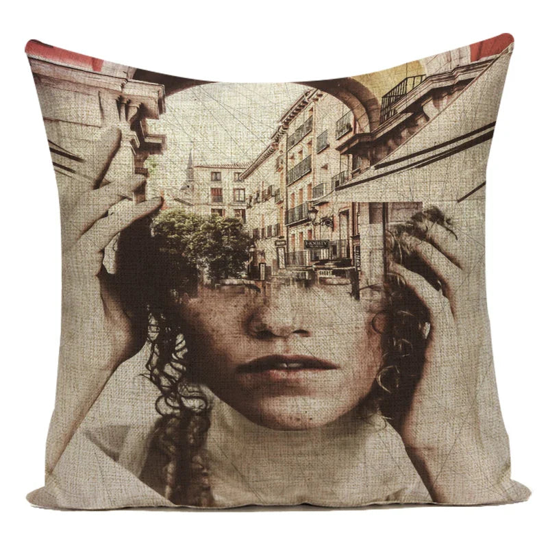 Axyaa Retro Art Woman Abstract Linen Cushion Cover Decorative Throw Pillow