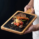 Axyaa Marbling Black Bronzing Wooden Tray, Rectangular Handle Steak Plate karadığında Western Plate.