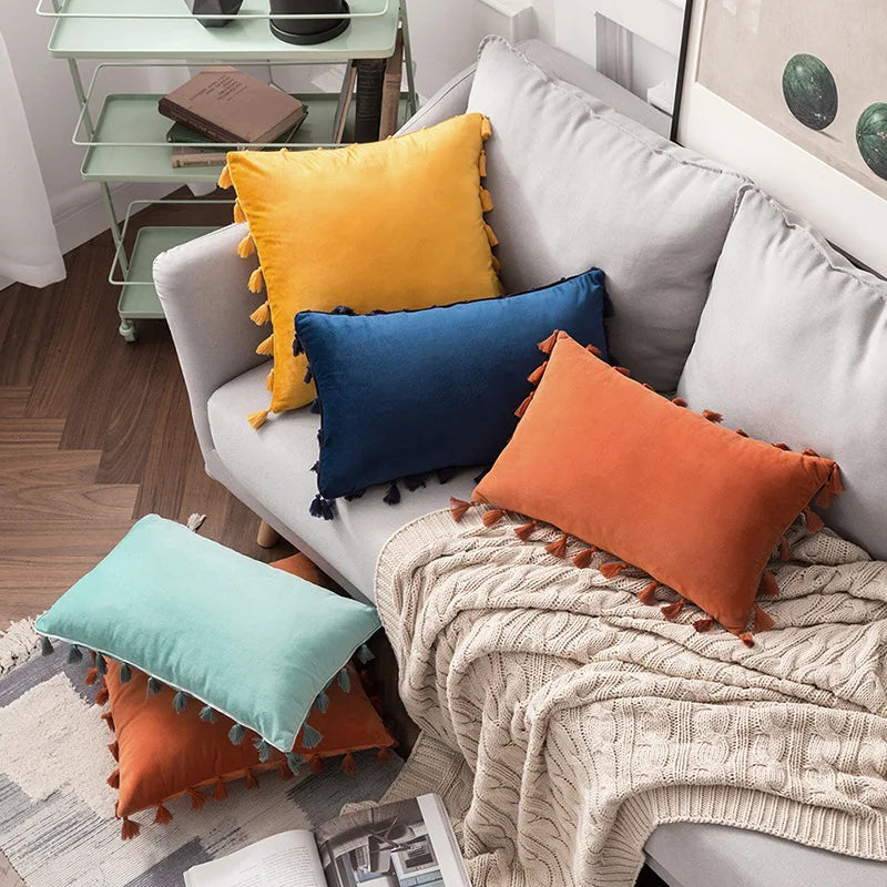 Velvet Tassel Throw Pillow Cover for Couch & Sofa - Axyaa Branded Luxe Accent Cushions