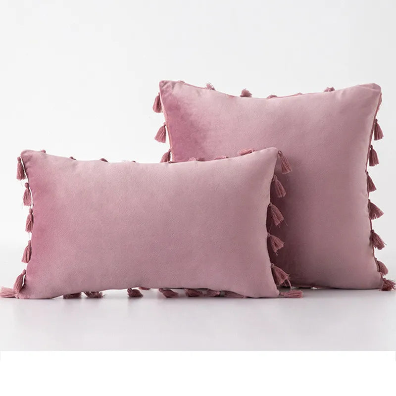 Velvet Tassel Throw Pillow Cover for Couch & Sofa - Axyaa Branded Luxe Accent Cushions