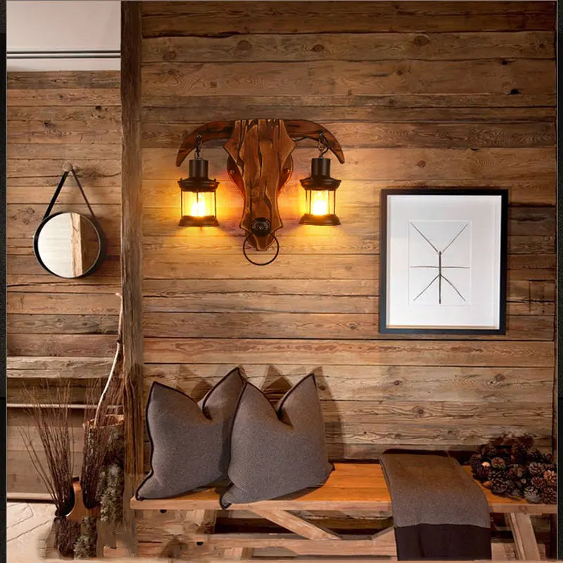 Axyaa Retro Iron Wood Wall Lamp Glass Light for Cafe Restaurant Bar