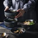 Axya Ceramic Sushi Plate and Rice Bowl Set, Black Matte Design