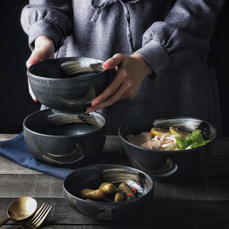Axya Ceramic Sushi Plate and Rice Bowl Set, Black Matte Design