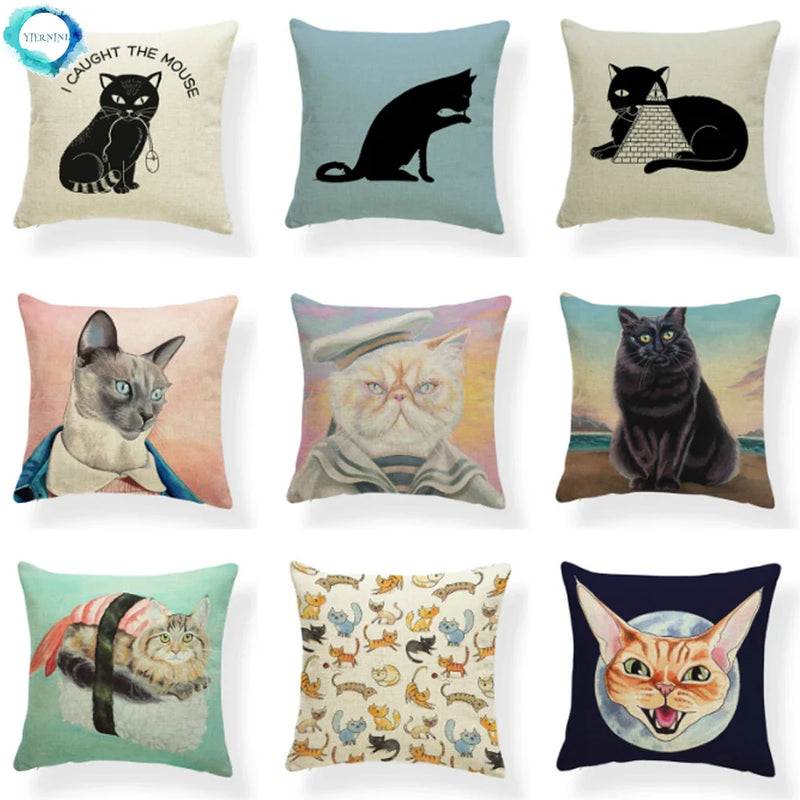 Axyaa Tropical Cat Cushion Cover Moon Blue Cotton Linen Pillow Case
