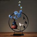 Axya Plum Ceramic Vase with Fake Flowers and Bird Decor, Wrought Iron Ornaments