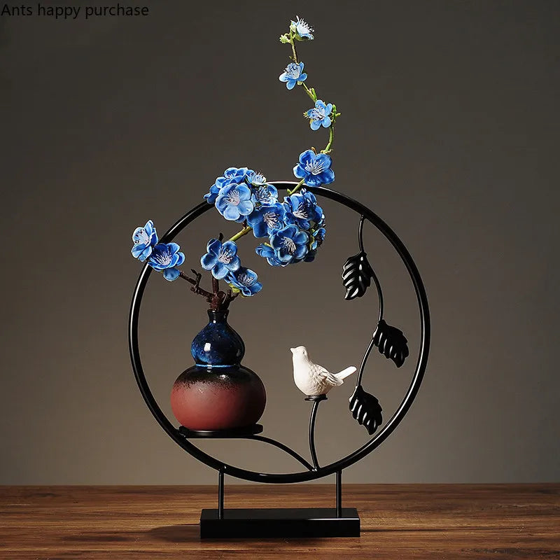 Axya Plum Ceramic Vase with Fake Flowers and Bird Decor, Wrought Iron Ornaments