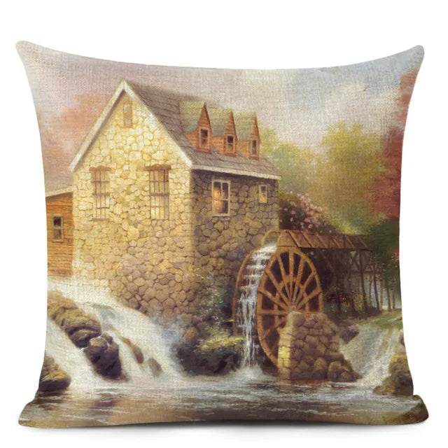 Axyaa City Landscape Oil Painting Cushion Cover | Autumn Winter Art Decor Pillow Case