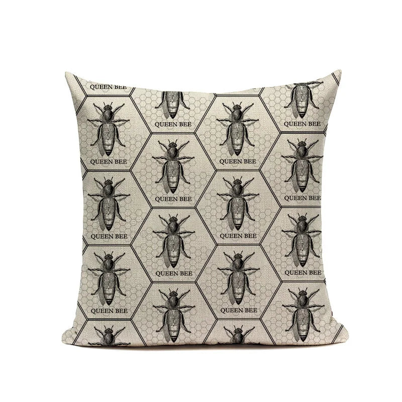 Axyaa Bee Pattern Linen Cushion Cover - Nordic Decorative Throw Pillow Case