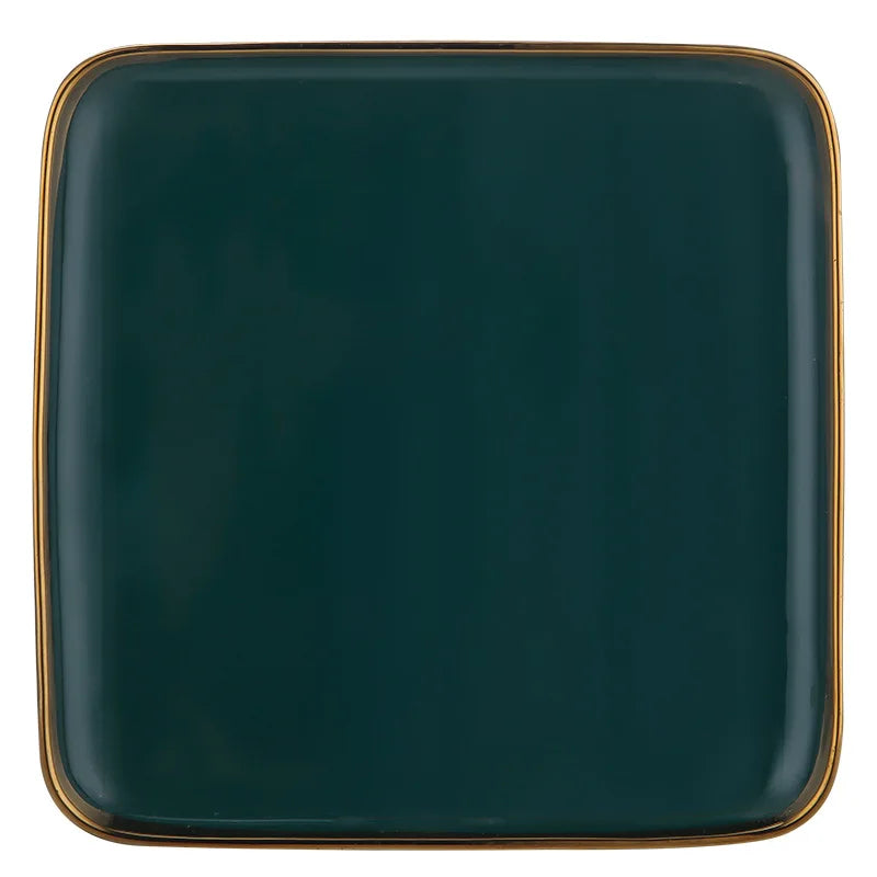 Square Green Ceramic Dinner Plate Gold Porcelain Dessert Bowl Set by Axya