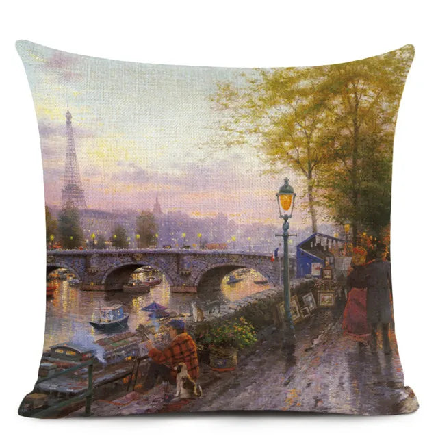 Axyaa City Landscape Oil Painting Cushion Cover | Autumn Winter Art Decor Pillow Case