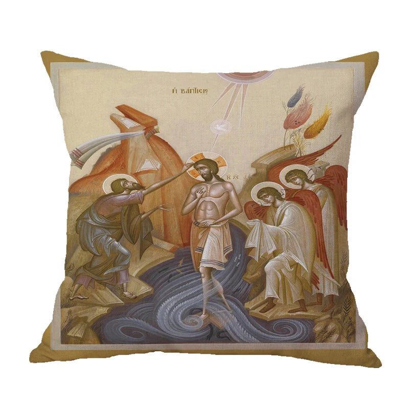 Cotton Linen Christ Pantocrator Icon Pillow Case by Axyaa