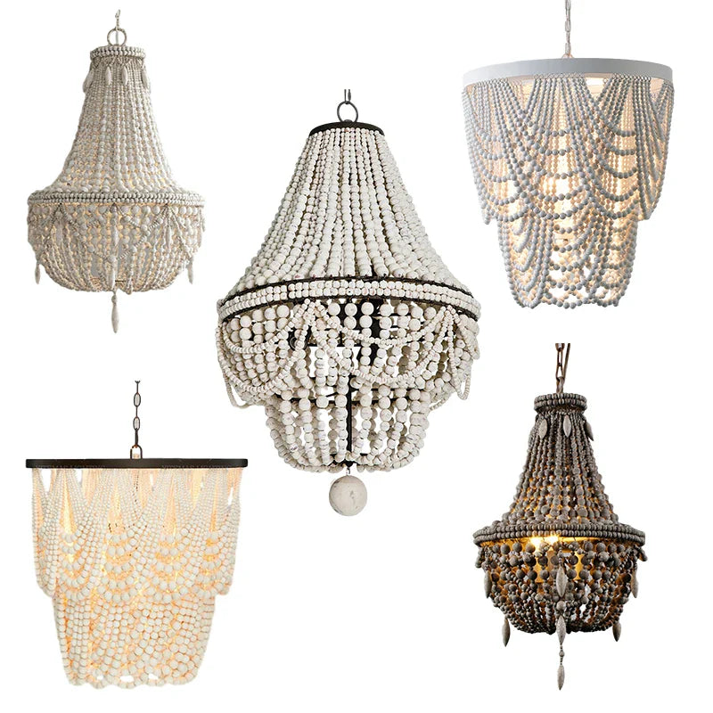 Axyaa White Wood Bead Pendant Light, Retro Bedroom Hanging Fixture